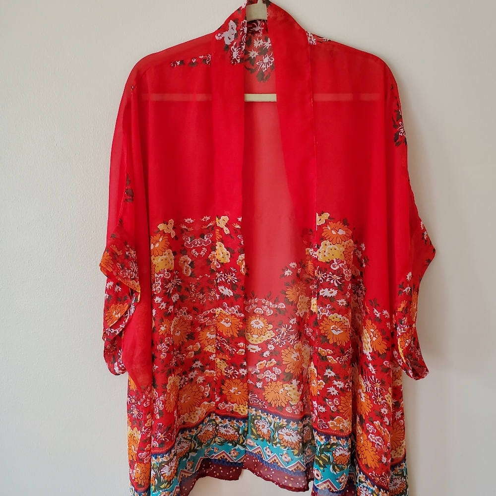 Floral Red Sheer Cover-Up, OS